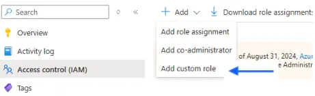 Subscription Access control (IAM) page with Add a custom role option