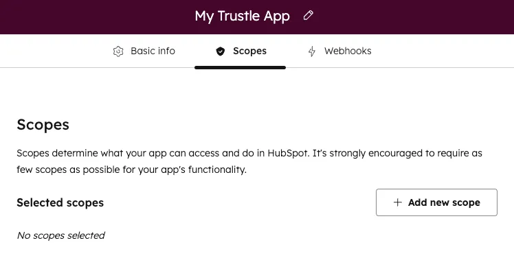The Add new scope button in the HubSpot app Scopes tab