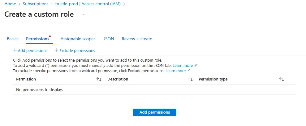 Custom role permissions tab with the Add permissions button