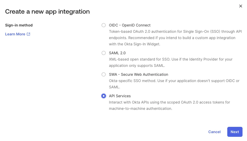 The API Services option in the Okta app integration wizard