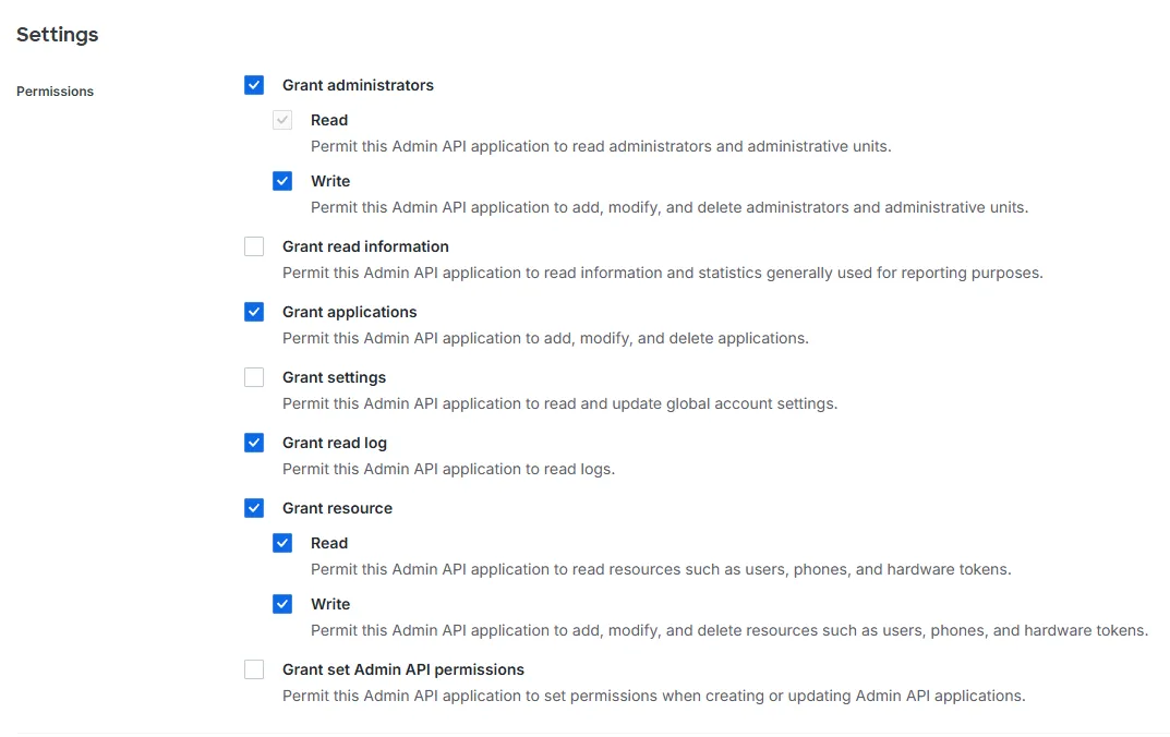 The Admin API application page in Duo showing the permission checkboxes