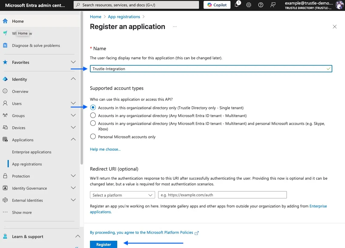 Basic app registration configuration screen