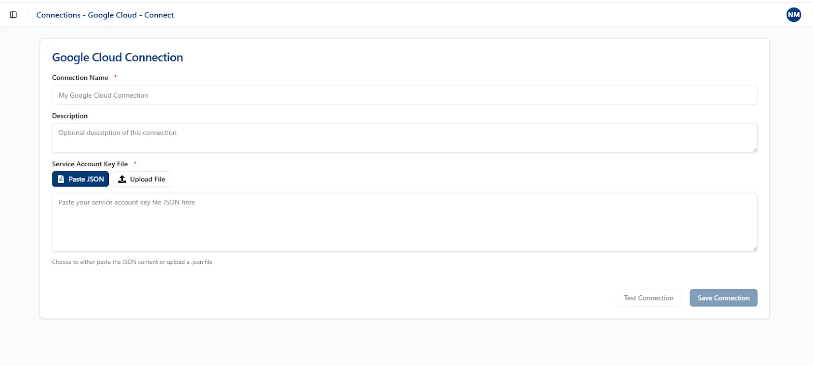Google Cloud connection page in Trustle with the Service Account Key File field