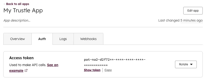 The Access Token section with the Show token and Copy links in HubSpot