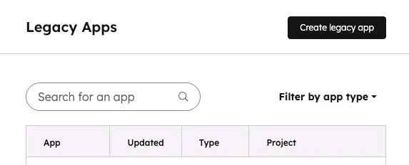 The Create Legacy App button in HubSpot