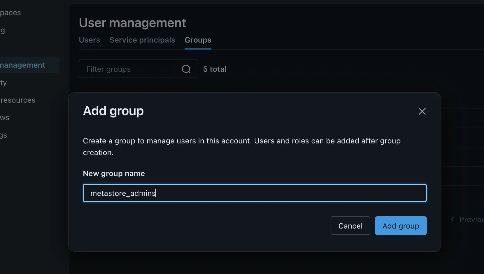 Create a metastore admins group