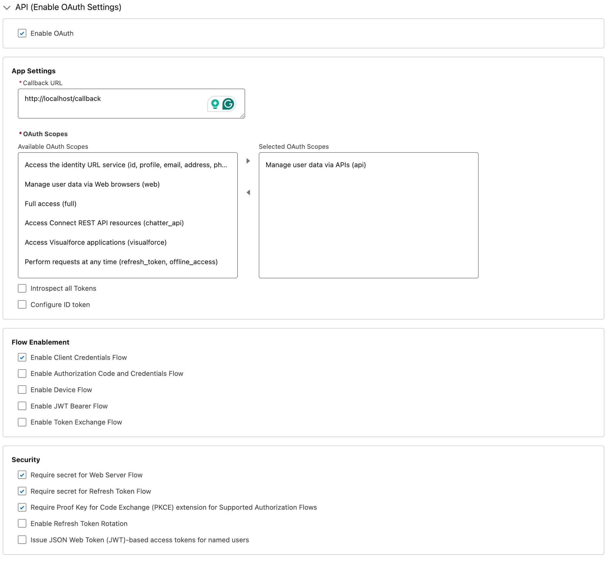 Enable OAuth settings