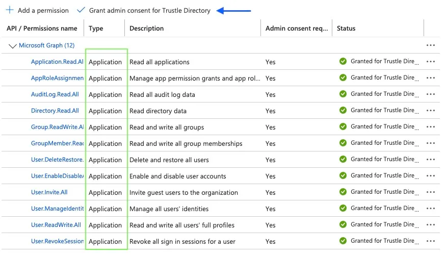 API permissions list with admin consent granted