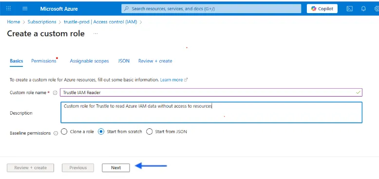 Create a custom role wizard with a name entered and Start from scratch selected