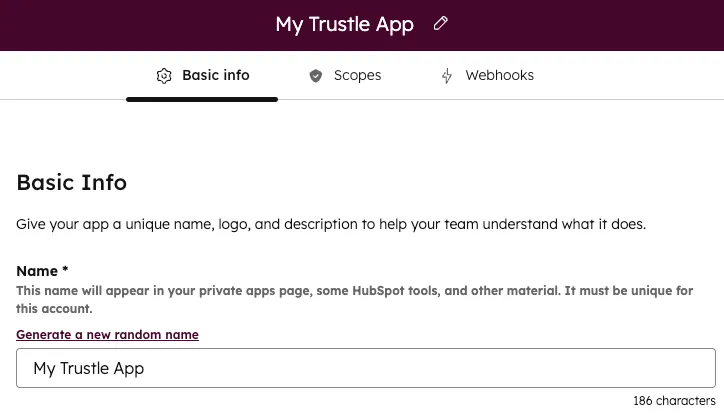 The app name field for the new HubSpot app