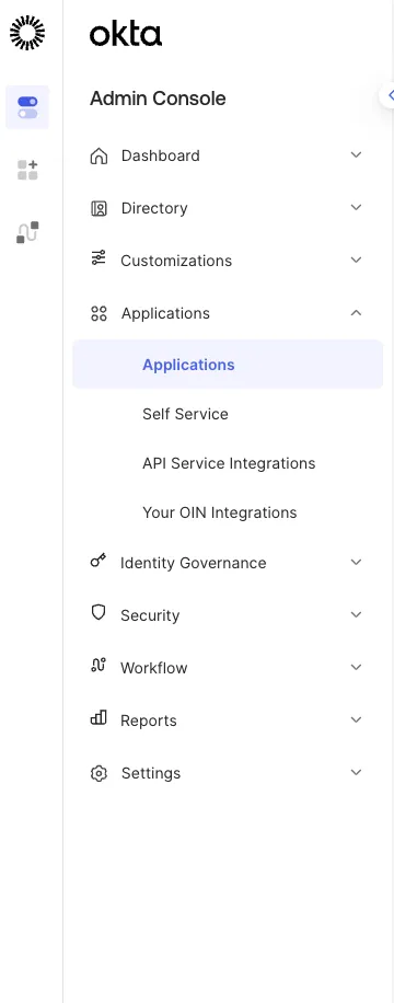 The Applications menu item in the Okta Admin Console