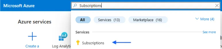 Azure portal search bar with Subscriptions in the results
