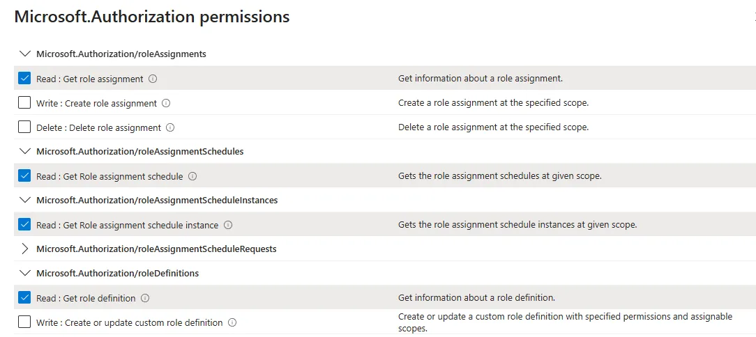 Microsoft.Authorization permissions list with the required permissions selected