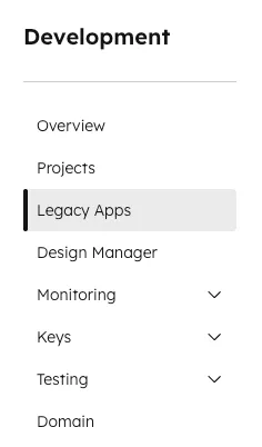 The Legacy Apps option in the HubSpot Development Console left menu
