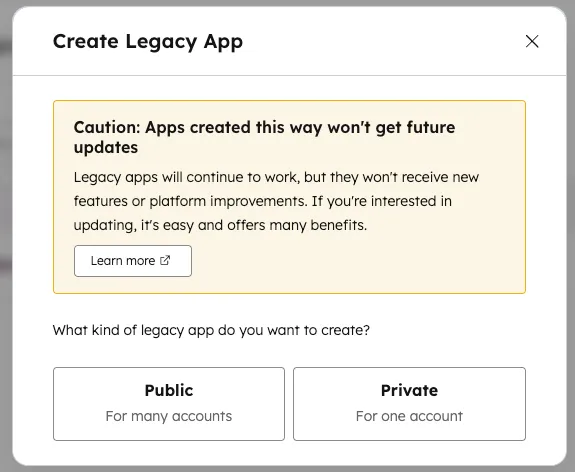 The Private app type option in HubSpot