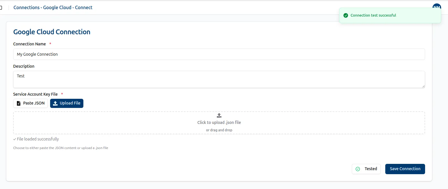 Test Connection button on the Google Cloud connection page in Trustle
